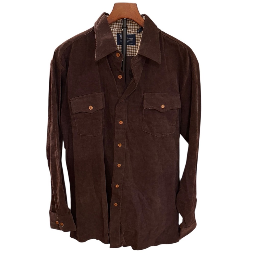 Vtg 90s JCPenney Mens Western Fab Brown Corduroy Shirt Long Sleeve L Tall Cotton